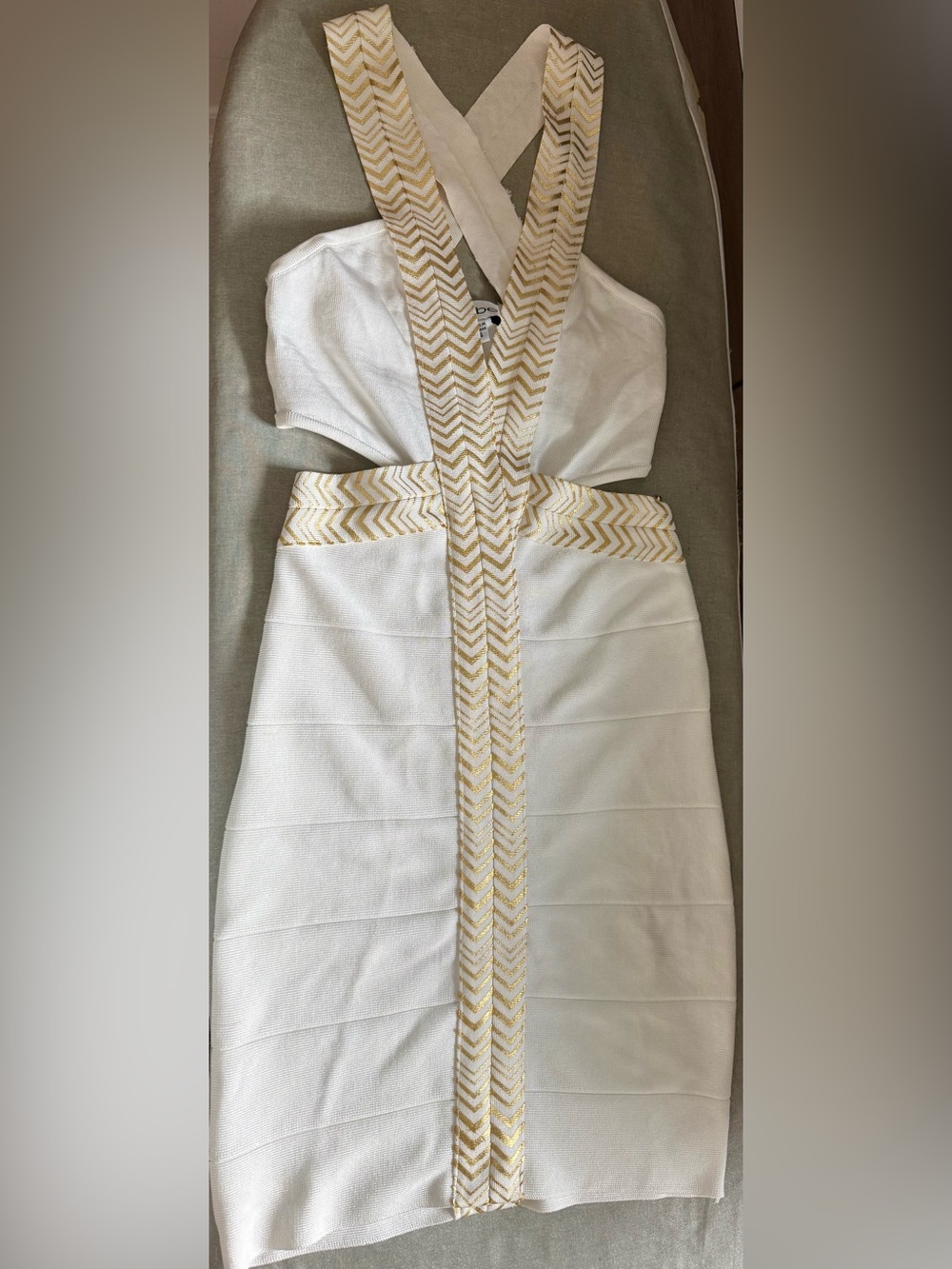 bebe White Strapless Dress with Gold Chevron Trim